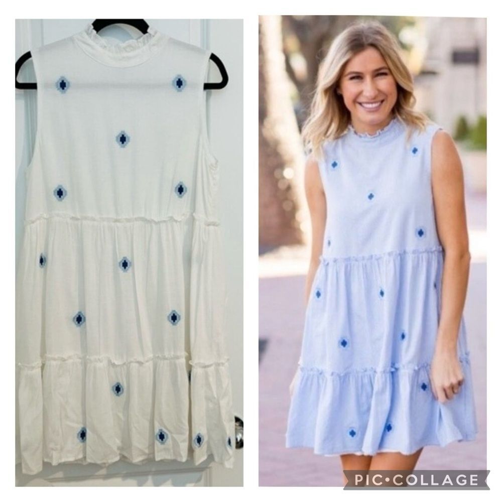 NWOT J. Marie Embroidered White Ruffle Neck Sleeveless Tiered Quinn Dress Small